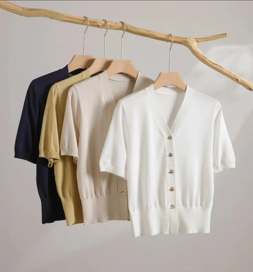 【天丝+桑蚕丝】V领纯色金扣开衫夏季简约经典气质开衫