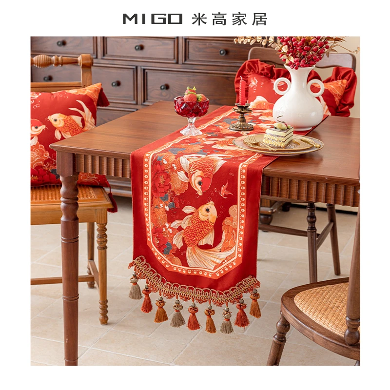 【米高家居】新中式桌旗节日氛围红色喜庆桌布春节装饰结婚餐桌桌旗
