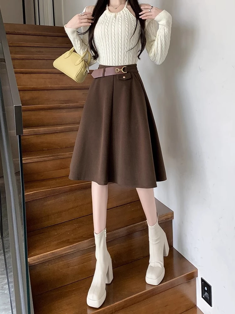 赫本风伞裙咖色毛呢半身裙女秋冬新款中裙过膝盖高腰a字气质裙子