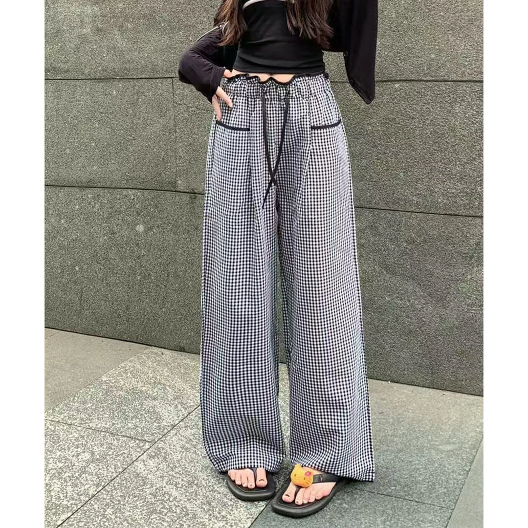 新款黑白格纹高腰显瘦垂感阔腿裤女2025夏季时尚修身百搭直筒裤女