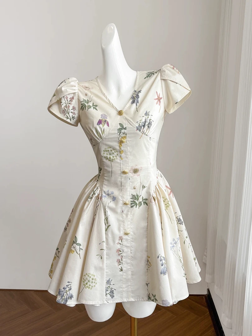 套头法式高腰印花短袖V领连衣裙夏季流浪丹宁风