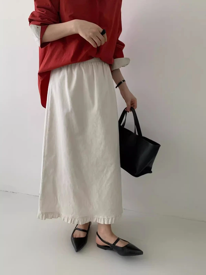 韩版灯芯绒松紧腰A字版后开叉半身裙秋季通勤风高腰显瘦休闲长裙