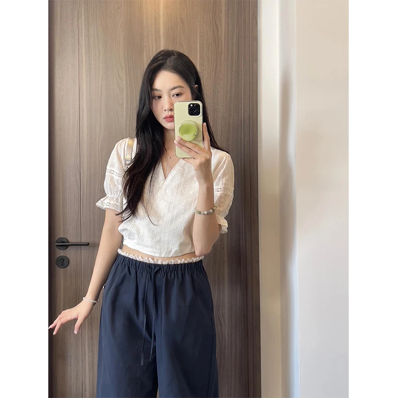 韩式穿搭一整套女装衬衫泡泡袖蕾丝边短袖上衣休闲抽绳直筒阔腿裤