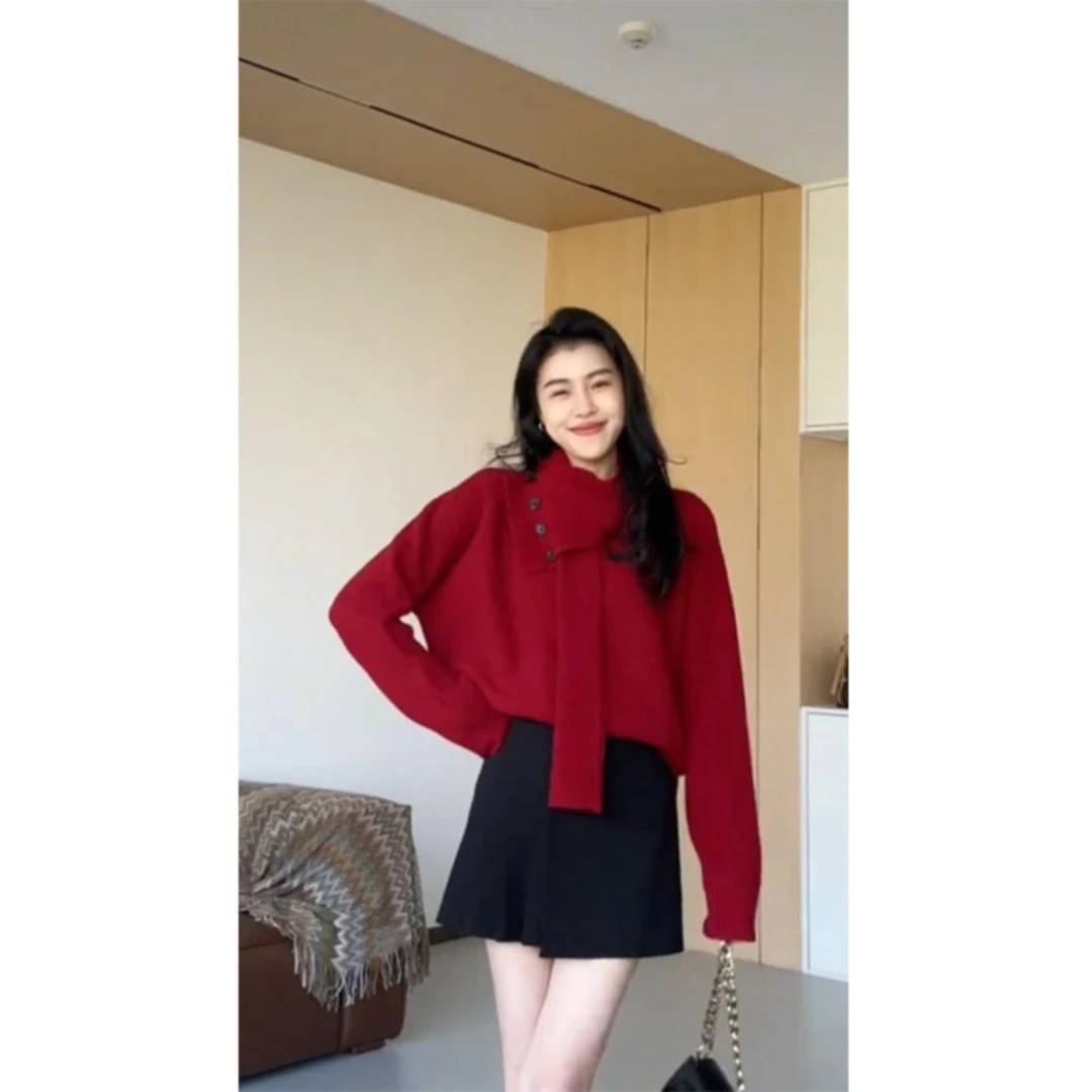 张阿星【新年氛围】2024新款节日穿搭可拆卸围巾软糯遮肉显瘦毛衣