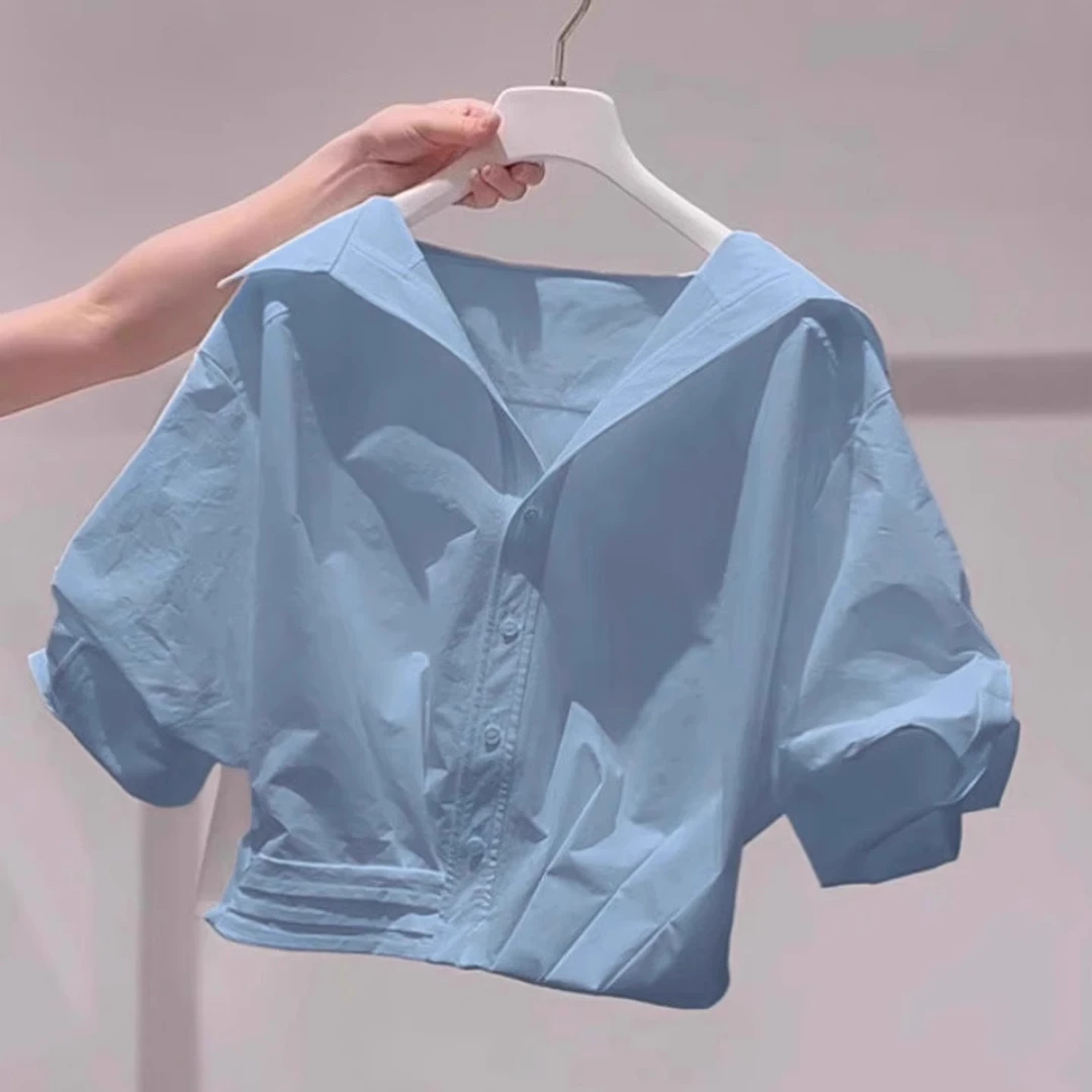 公主请下单~气质高级感翻领短袖衬衫女夏季新款减龄泡泡袖衬衣ins