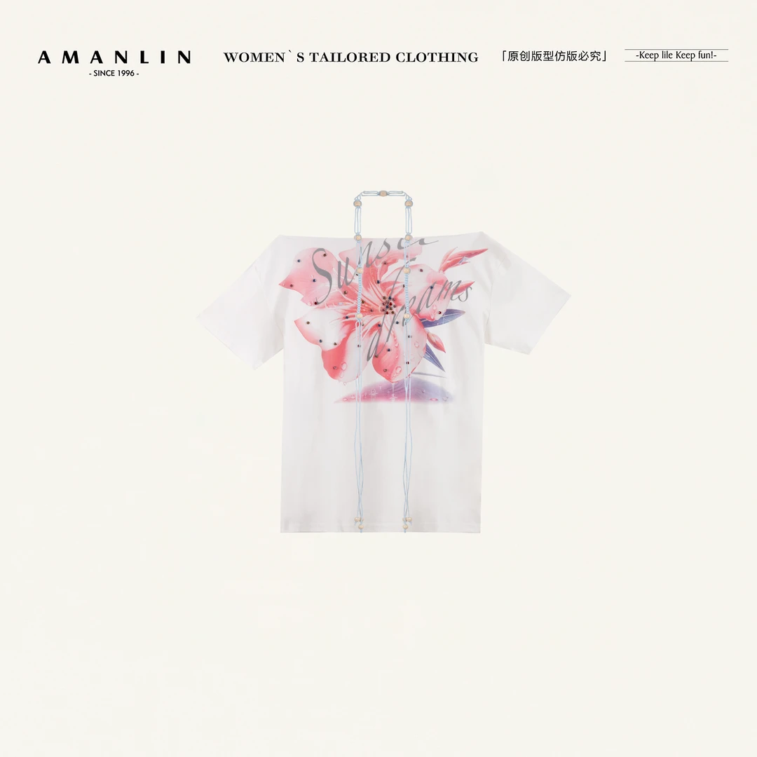AMANLIN/阿谩琳欧若风休闲花朵印花宽松斜肩短袖两件套F599128