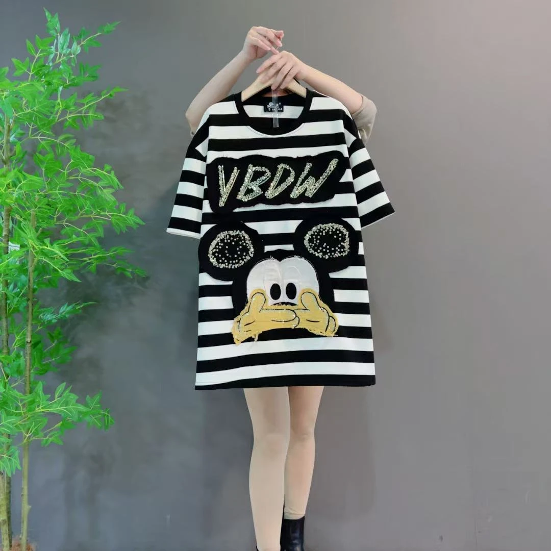 25163欧洲站减龄宽松卡通条纹贴布亮片刺绣中长款短袖T恤大码女