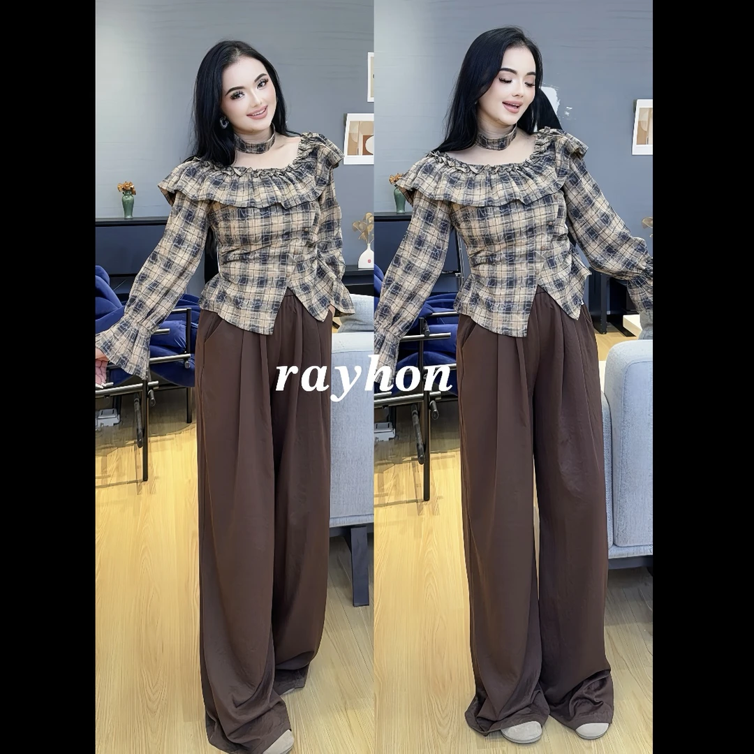 Rayhon复古格纹露肩荷叶边长袖衬衫女春秋宽松遮肚子款式