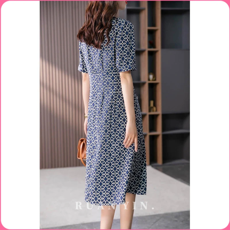 RUAN YIN优雅气质真丝连衣裙女2025夏季新款洋气印花桑蚕丝长裙子