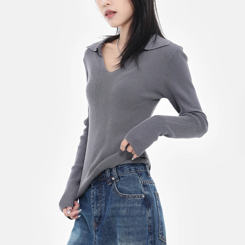 KEN STUDIO春季新款修身polo领打底长袖针织衫V领内搭女灰色上衣