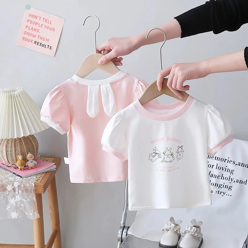 童装夏装女童撞色小兔短袖T恤婴儿卡通上衣儿童女宝宝半袖打底衫