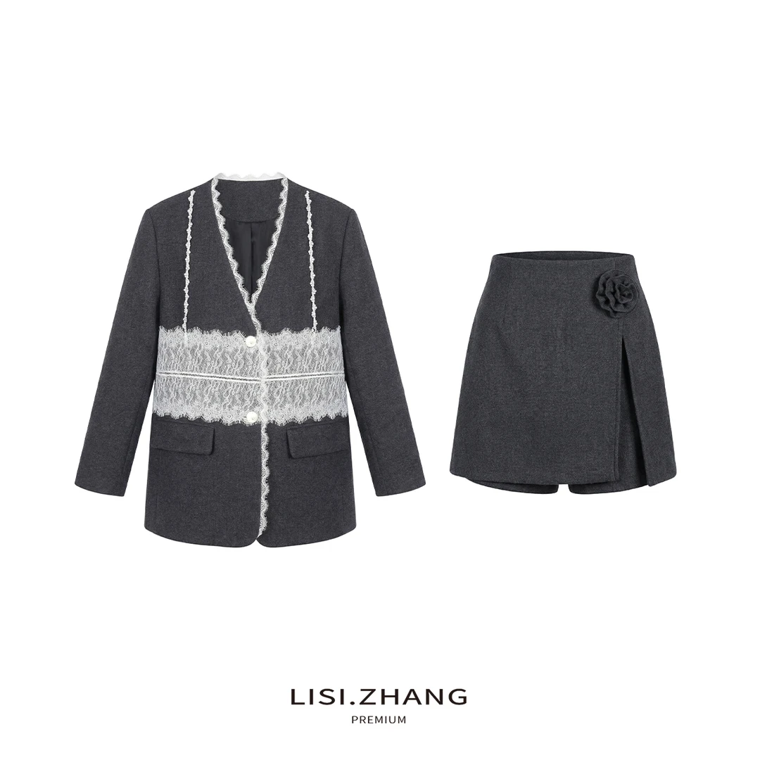 LISI.ZHANG--【蕾丝拼接时尚套装】蕾丝点缀内充绒加厚外套短裙套装