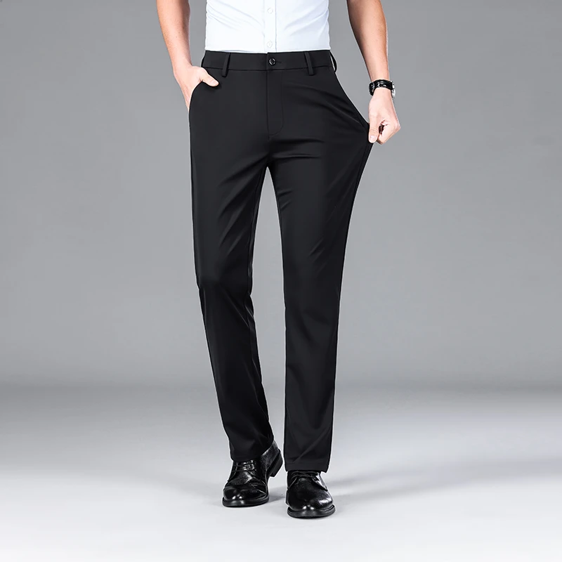 秋季高端时尚刺绣冰丝弹力薄款休闲西裤男士藏青色丝滑免烫长裤男