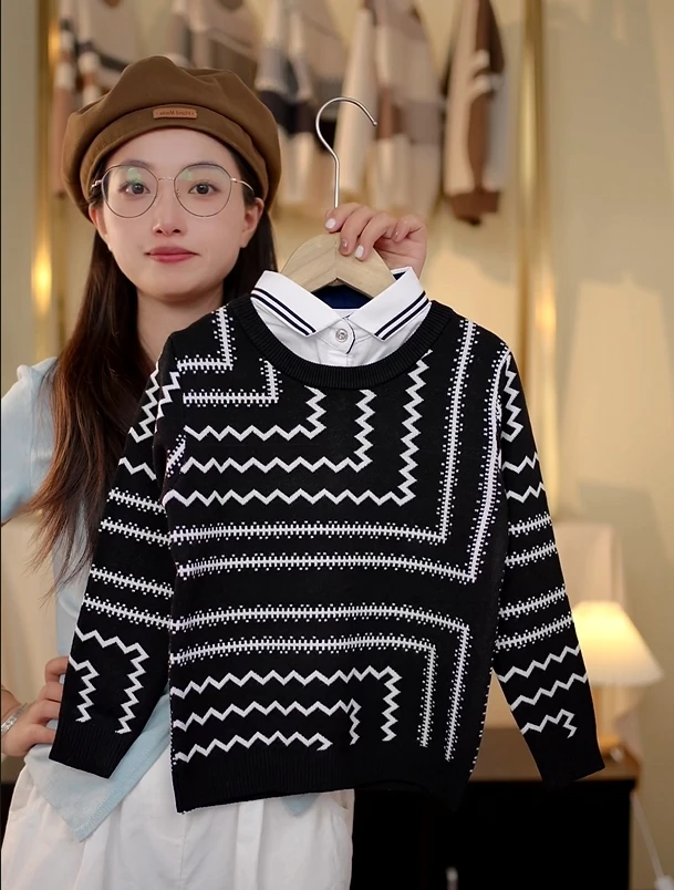 儿童春秋新款男童宽松条纹圆领套头时尚红色撞色拼色童装针织衫