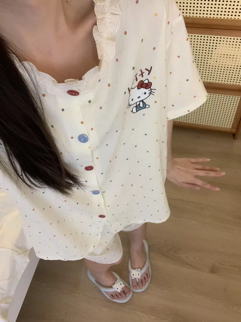 少女撞色波点hellokitty睡衣女夏季ins风短袖短裤家居服可外穿