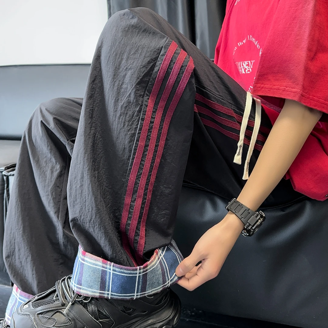 格子拼接休闲裤男高级感痞帅直筒长裤美式高街vibe裤子拖地阔