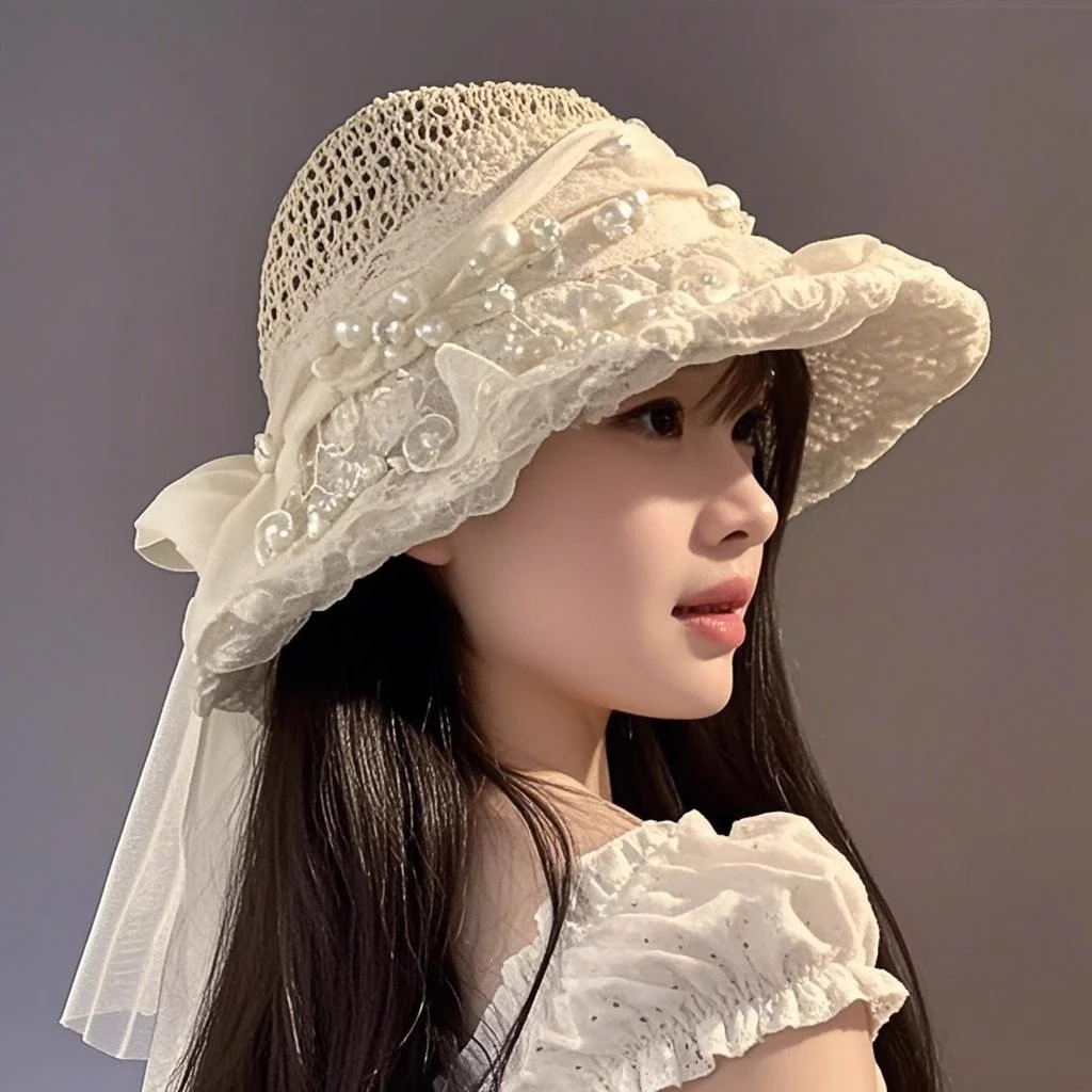 蕾丝珍珠蝴蝶结系带法式草帽女夏季海边度假风遮阳防晒帽渔夫帽子