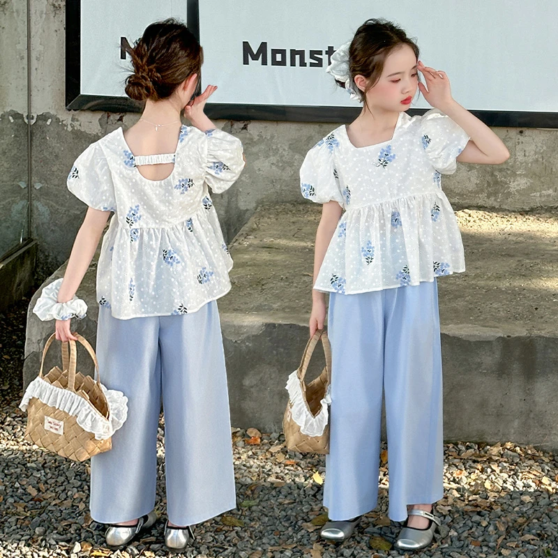 女童套装夏季2025新款洋气儿童圆领碎花衬衫阔腿裤女孩薄款夏装潮
