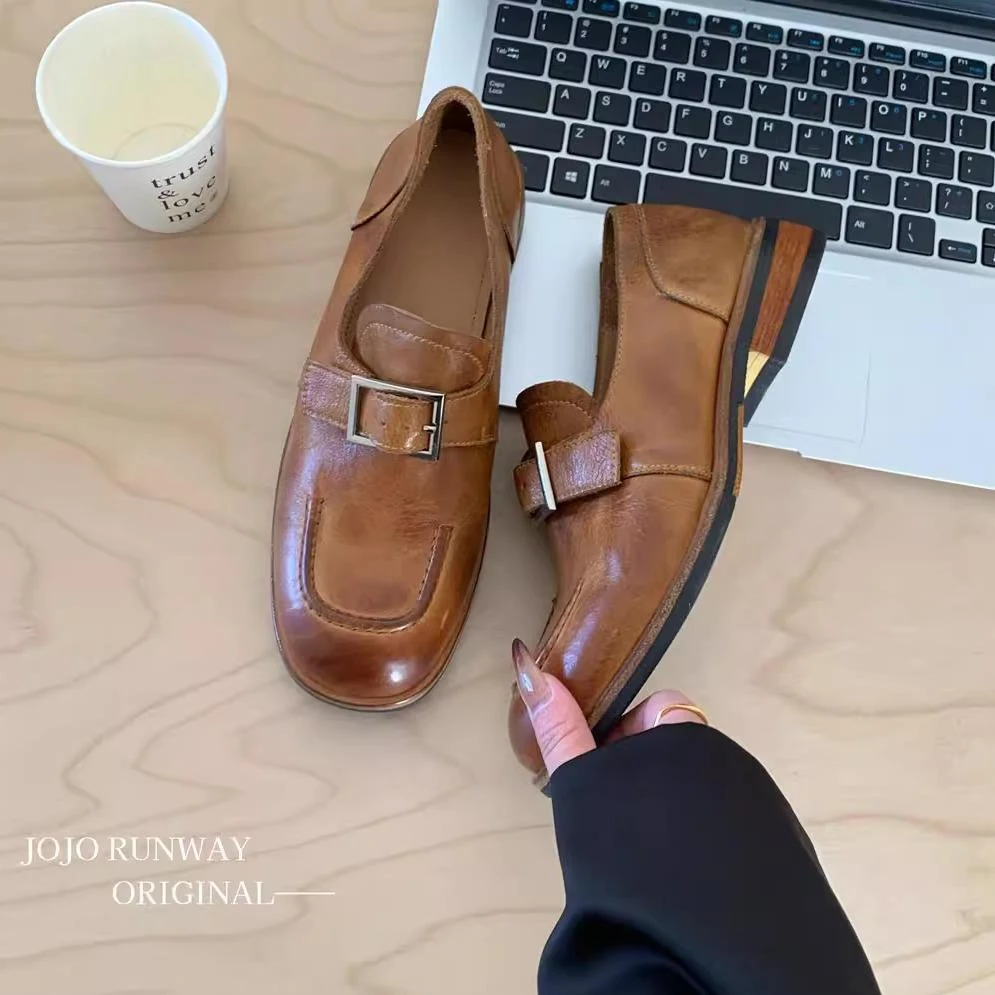 水洗头层牛皮小皮鞋女配裙子日系2025新款高级感粗跟一脚蹬乐福鞋