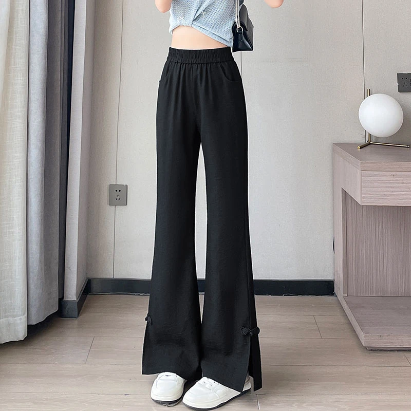 亚麻新中式国风喇叭裤女新款夏季薄款棉麻冰丝高腰开叉微喇叭裤子