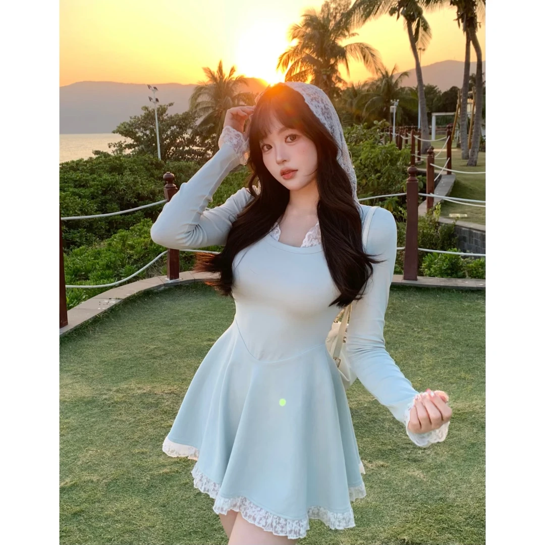 清清萌面侠芝士【春日悠然】纯欲连帽甜美长袖连衣裙 4894套装