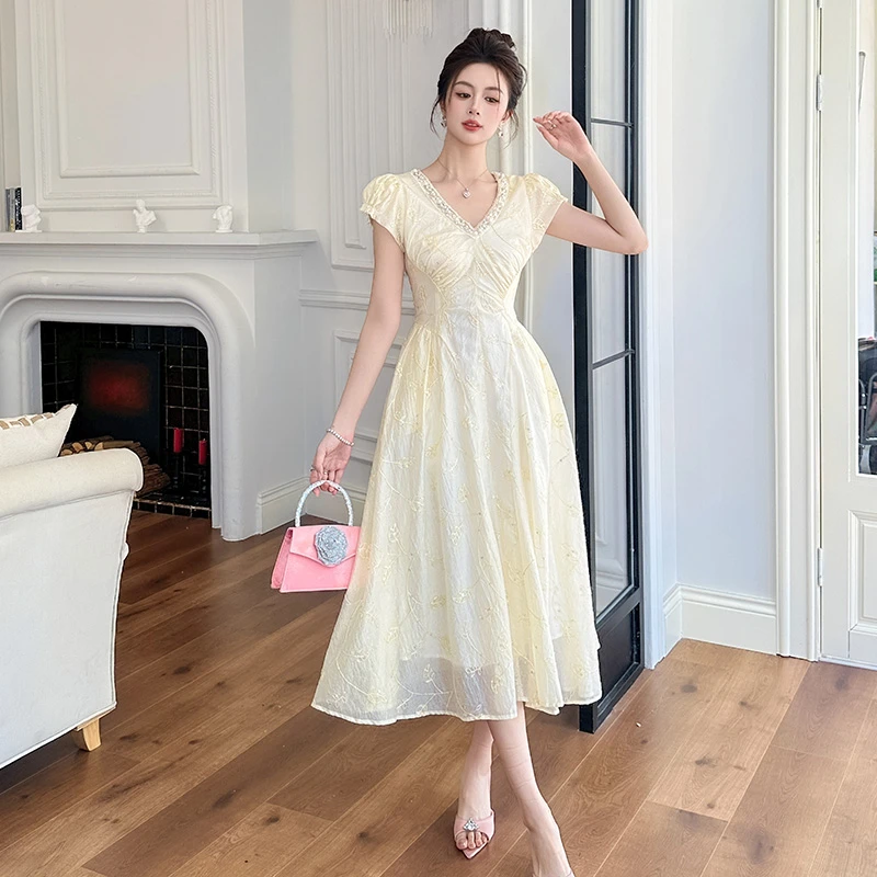 NaiAn/奈安气质修身复古中长款法式温柔风短袖长款连衣裙45208