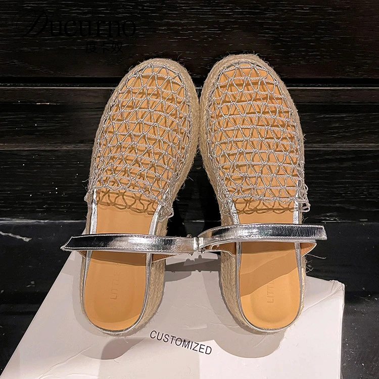 DUCURNO设计感小众编织镂空网面凉鞋女2025款草编厚底包头半拖鞋