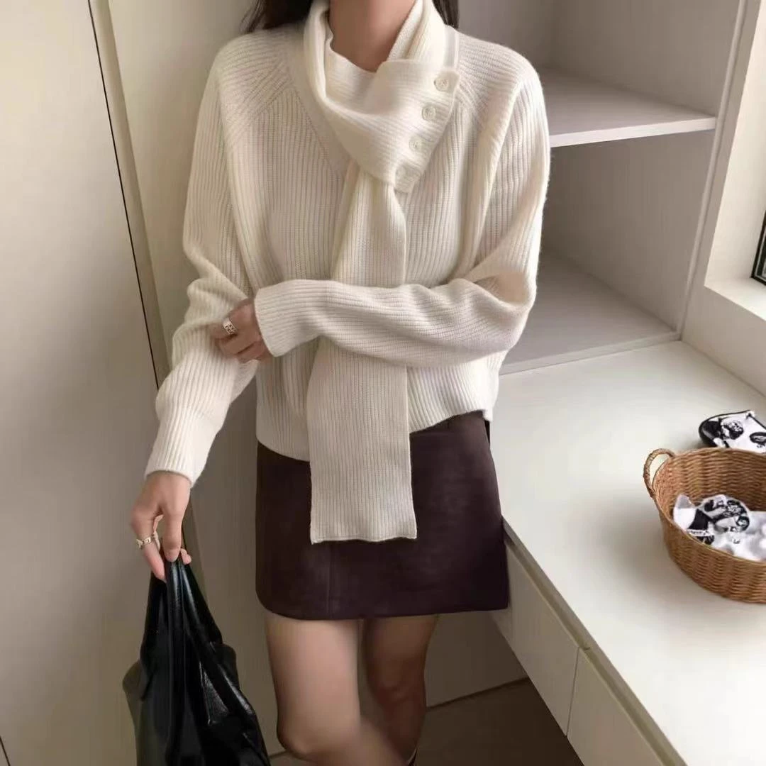 （编号113）韩系围脖可拆针织衫女2025秋冬季新款百搭好看设计感小