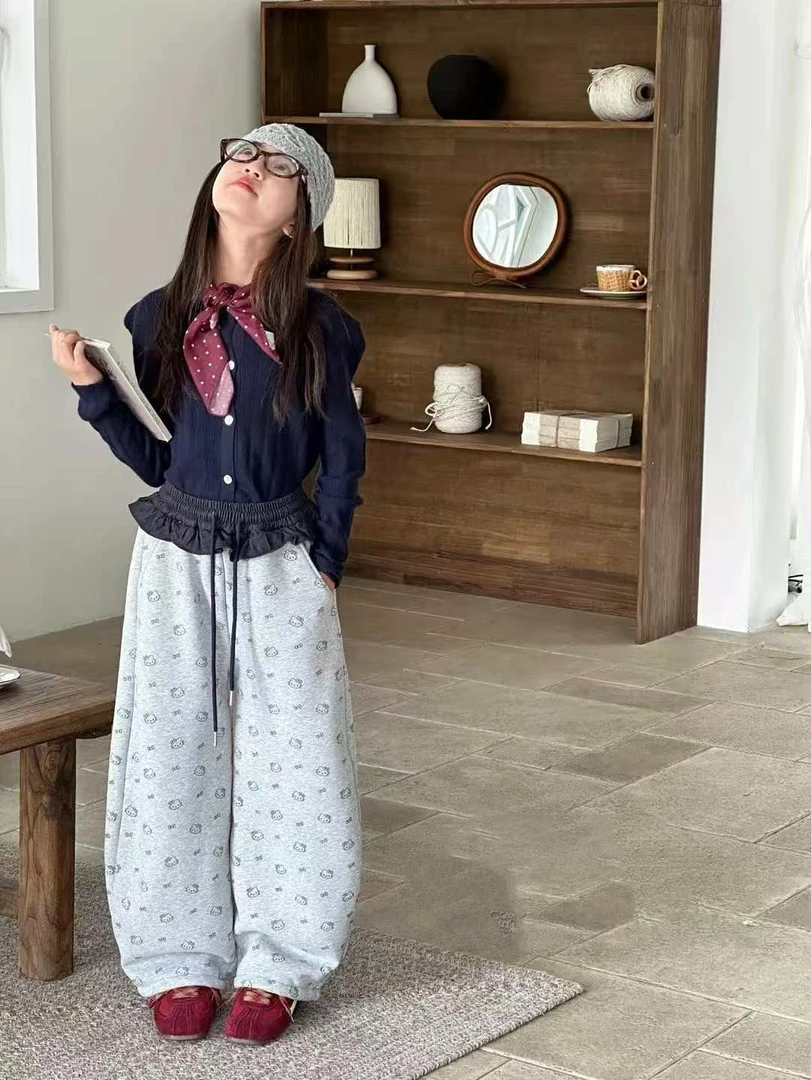 超好看韩系一体绒秋冬设计感拼接满印KT女中大童阔腿直筒裤慵懒风