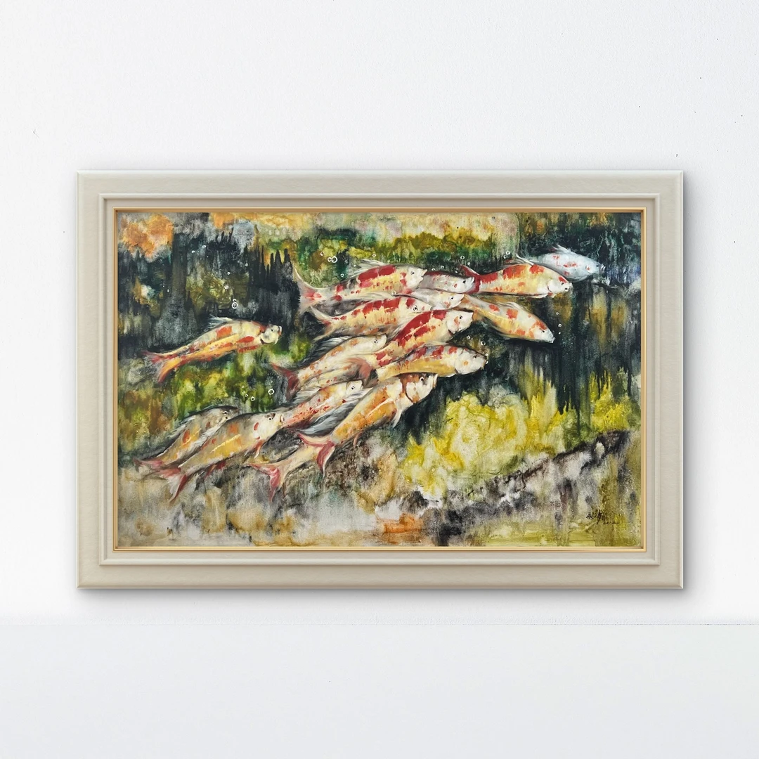 手绘油画 《莲塘里的鳞光跃动》油画收藏  画心尺寸120*76cm