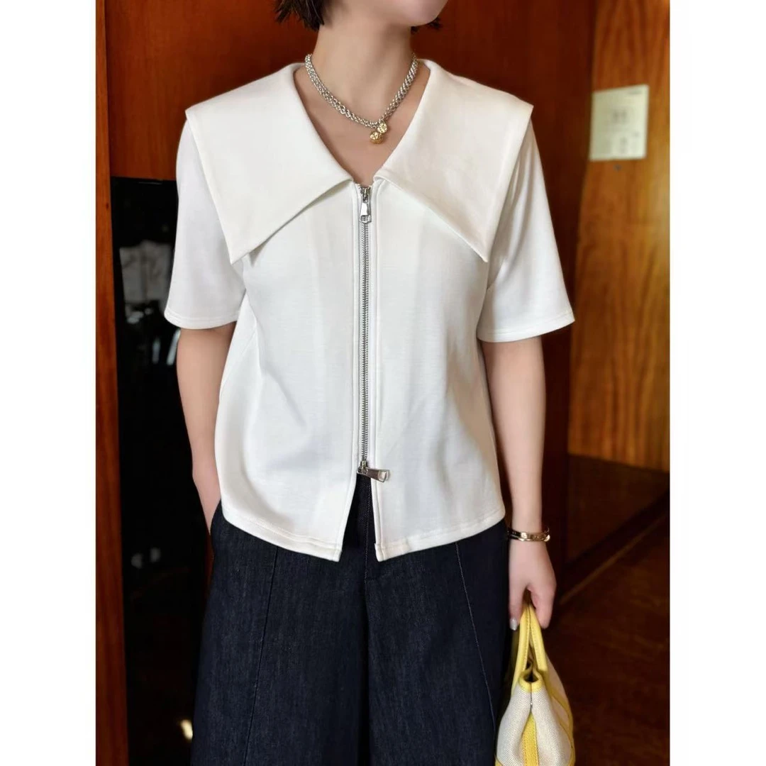 方和屿.宽松型短袖纯色通勤海军领T恤时尚百搭短款显瘦上衣65014