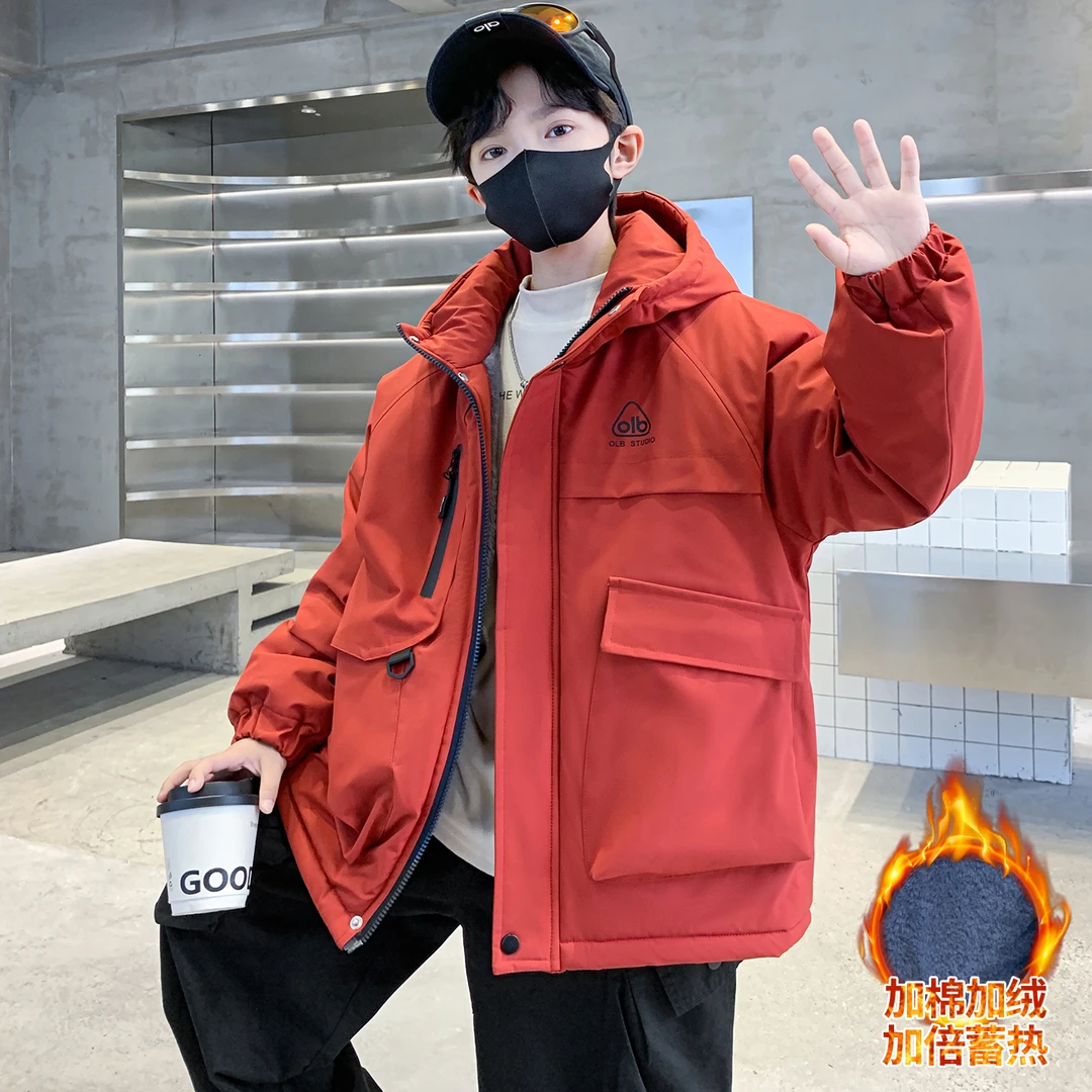 男童夹棉加绒外套冬季派克服儿童冬装蓄热棉衣中大童连帽冲锋衣潮