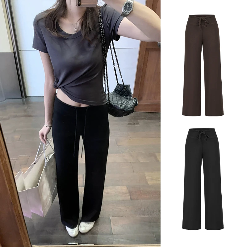 Moses Queen/魔西女王时髦凉感微透直筒休闲裤女夏百搭显瘦阔腿裤