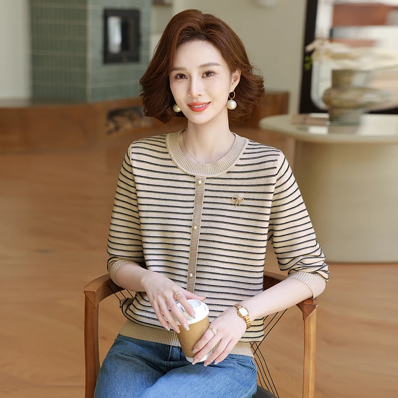 妈妈秋装圆领条纹针织衫毛衣打底时尚中老年女装气质春秋长袖洋气