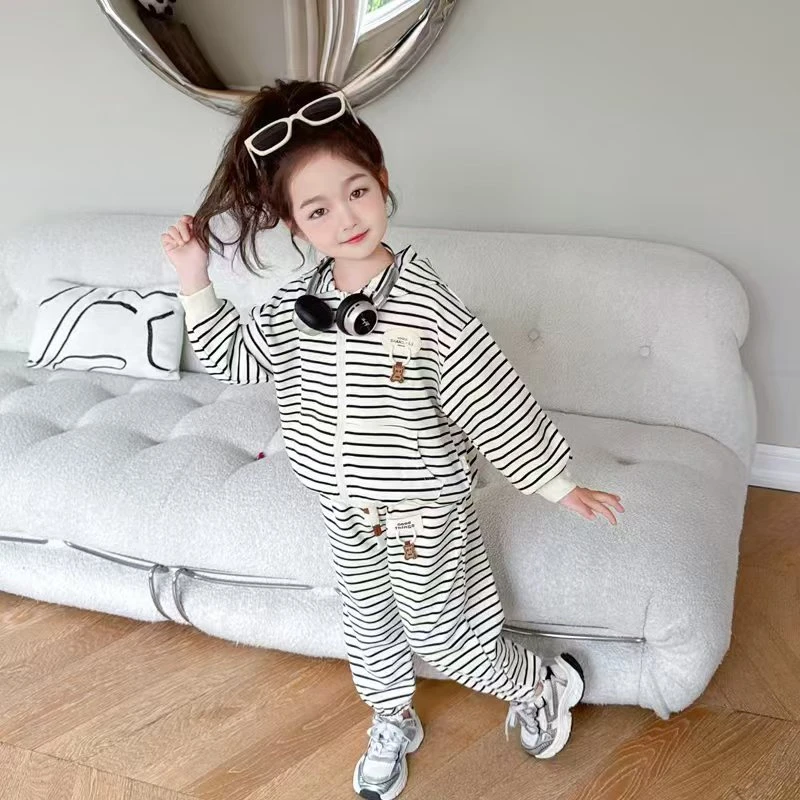 宝宝连帽套装外套裤子可开档春款男女宝宝上衣条纹两件套时尚潮