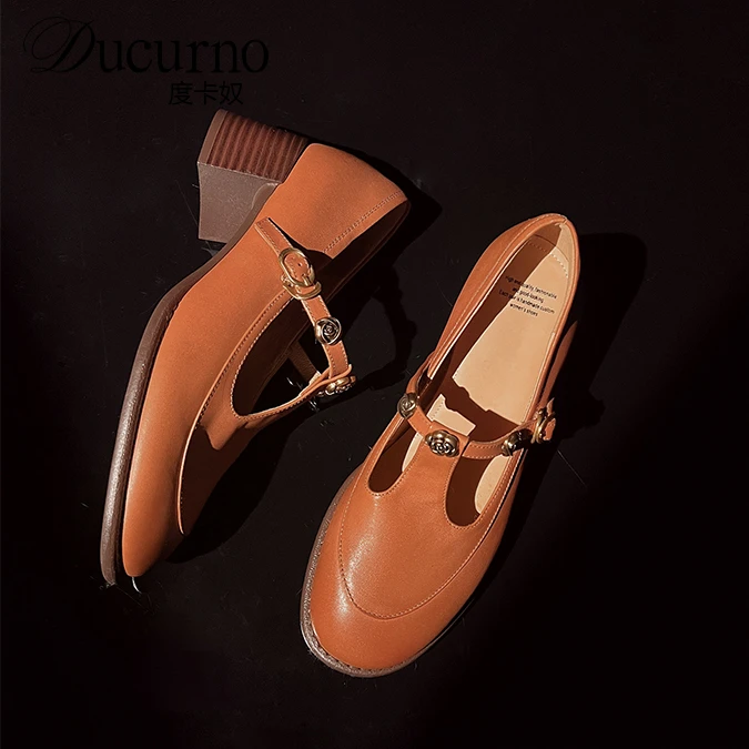 DUCURNO学院风小皮鞋丁字带真皮单鞋女浅口粗跟圆头乐福鞋小皮鞋