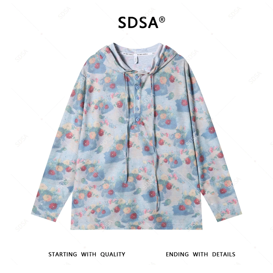 SDSA男士秋冬新款轻奢痞帅男装植物花卉半纽扣连帽长袖T恤简约潮