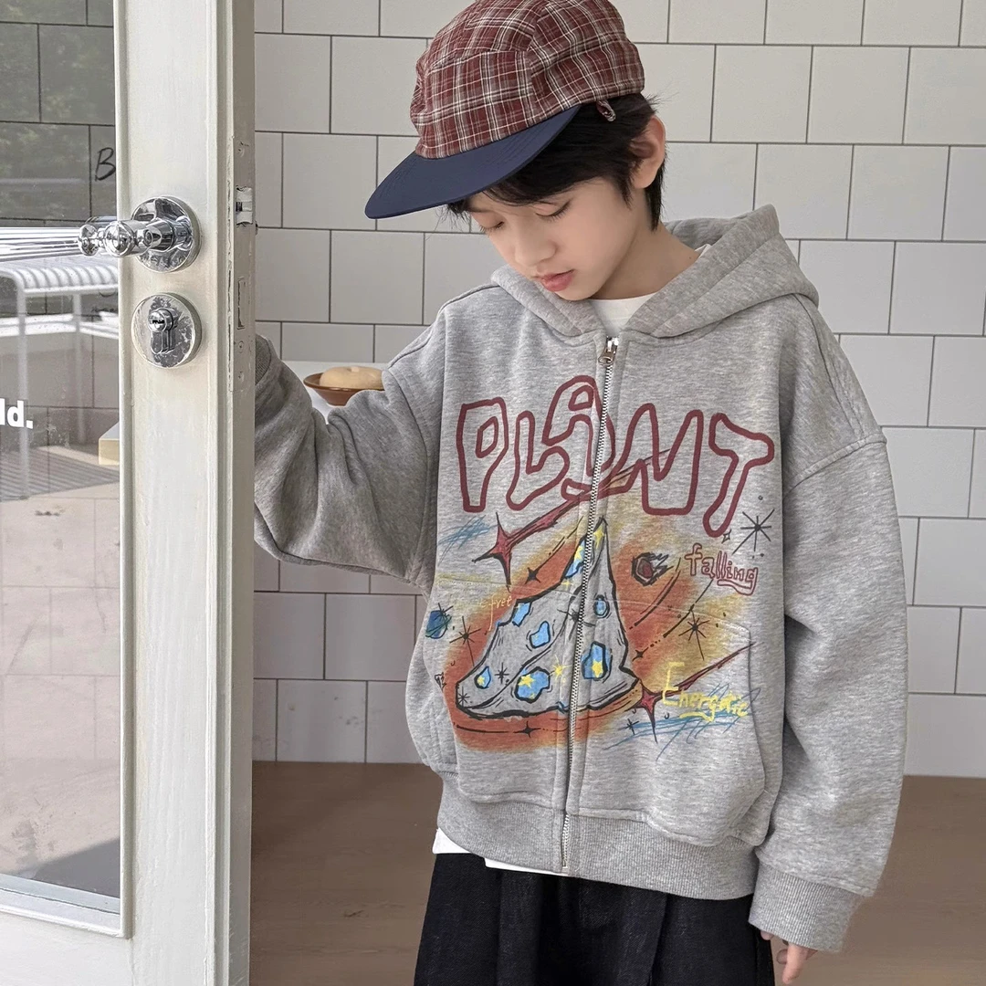 连帽字母休闲风卡通动漫加绒普通外套印花春秋新款上衣韩系帽衫