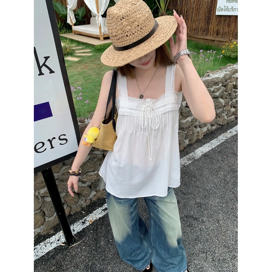 白色蕾丝花边方领吊带背心女夏季蝴蝶结系带宽松显瘦白色无袖上衣
