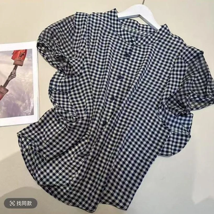 圆领格子衬衫短袖上衣女2025夏季新款设计感气质减龄显瘦百搭小衫