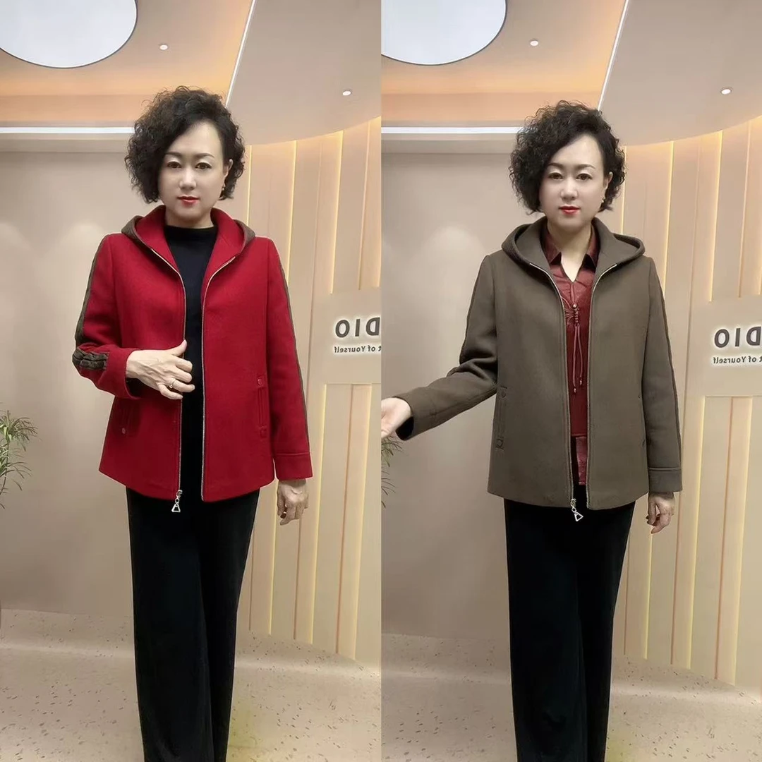 8849#毛呢拼针织连帽外套