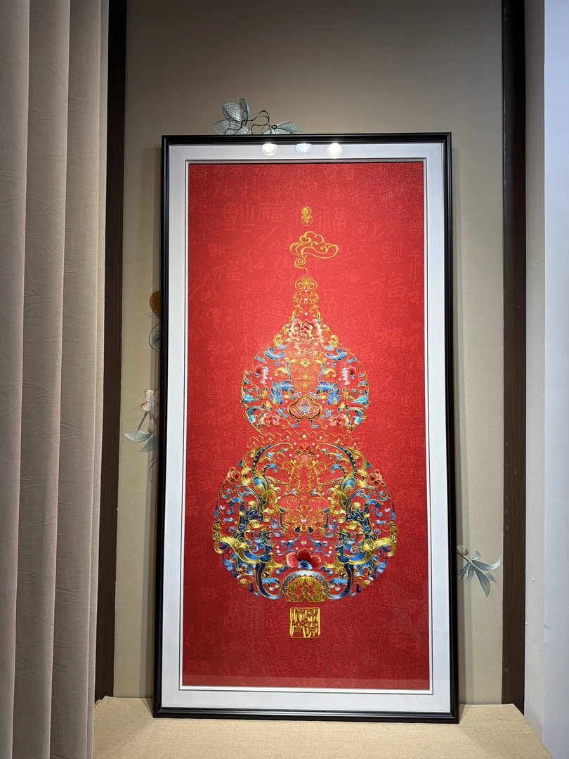 百福葫芦，刺绣实木框新中式客餐厅苏绣装饰画