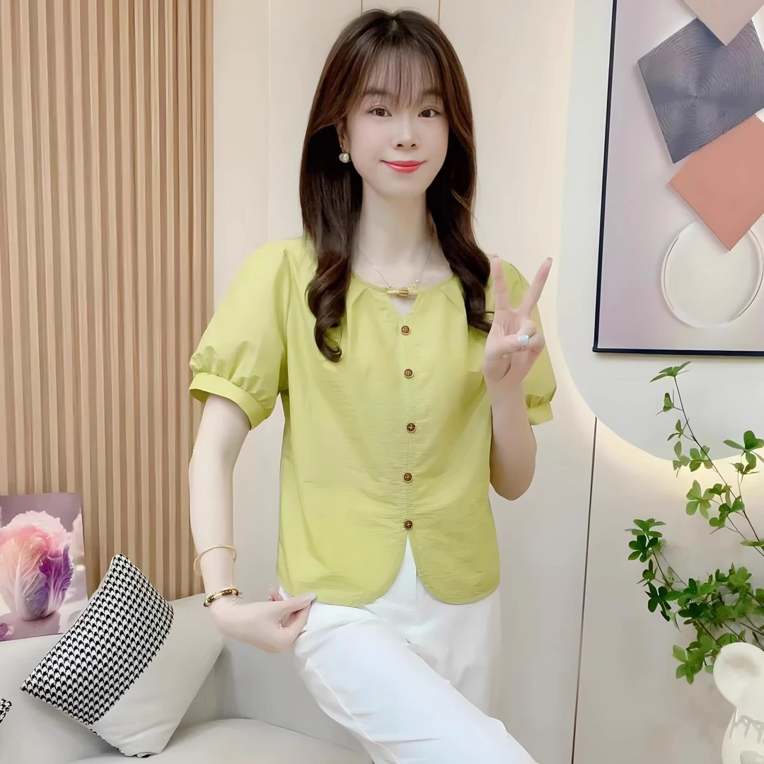 小个子圆领短袖衬衫女士2025夏季新款减龄小衫设计感小众洋气衬衣