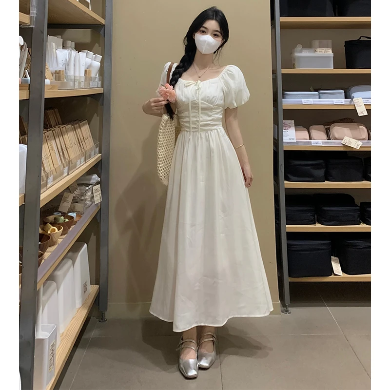 大码温柔风方领连衣裙女夏季泡泡袖法式裙子胖mm收腰显瘦a字长裙