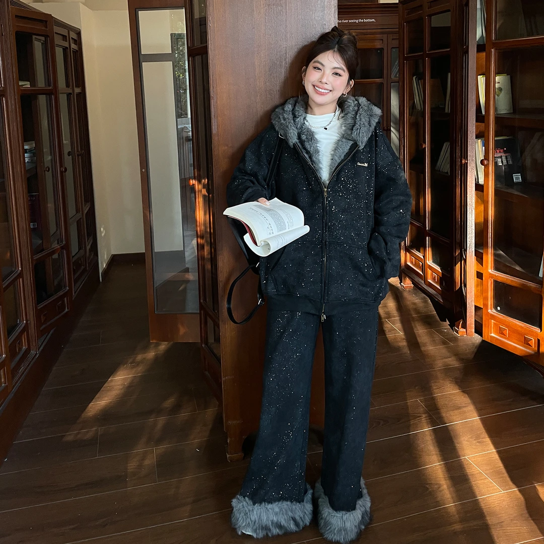 大码女装胖mm棉衣连帽秋卫衣套装保暖连帽休闲长款冬季外套两件套