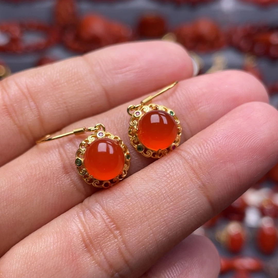 南红玛瑙银S925镶嵌珠宝奇石耳环