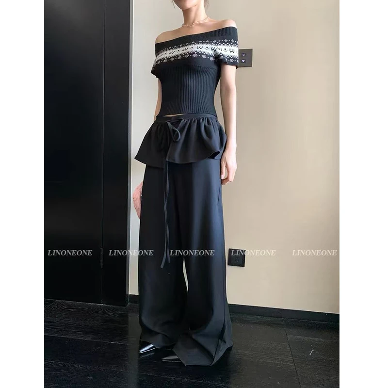 小众气质黑色2025夏季新款少女感芭蕾风拼接荷叶边可拆卸阔腿裤女