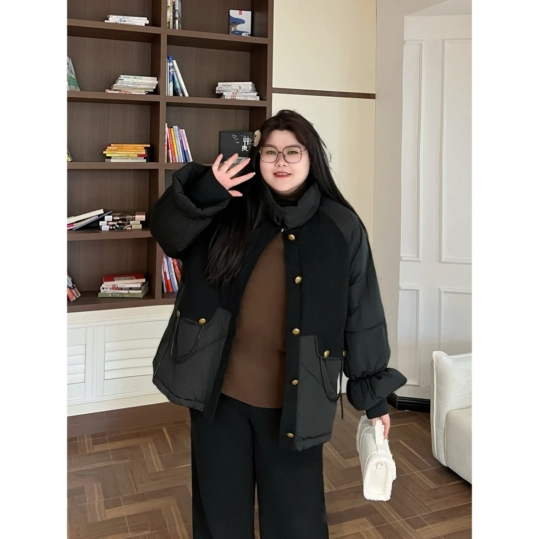 花契“半山沁岛”大码女装秋季百搭200斤胖mm时尚黑色棉服13705-X