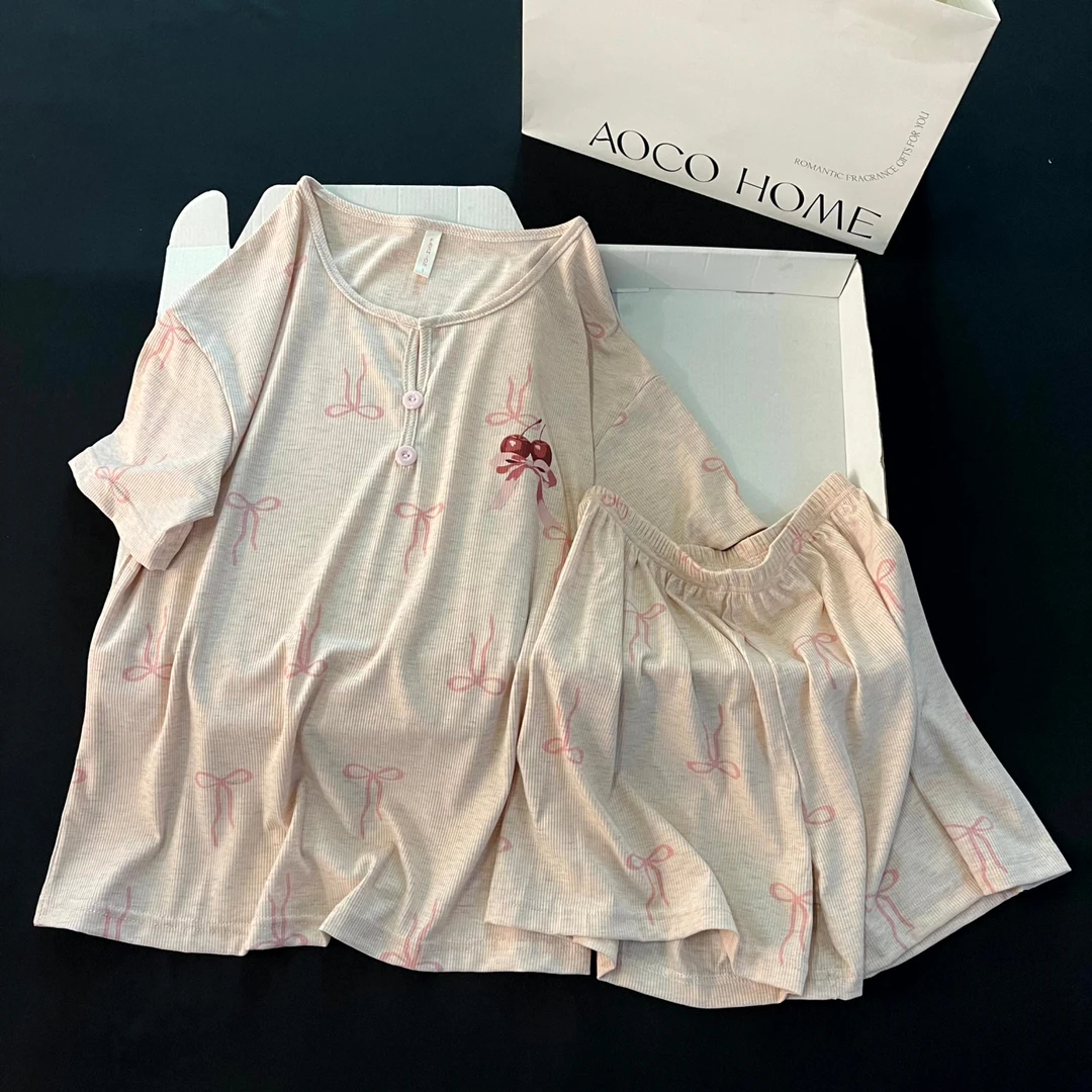 夏季睡衣女时尚可外穿短袖大码2025新款凉感红领结家居服夏天套装