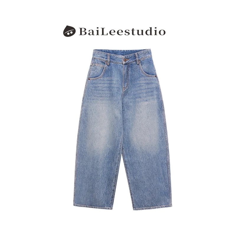 【柏栗良品】2025夏季新品~韩范高腰宽松阔腿水洗牛仔裤女6004